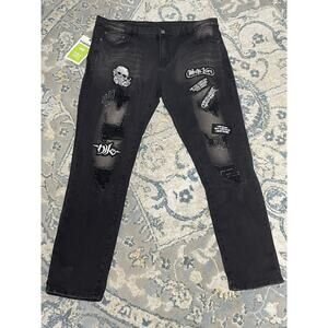 D’andijieshen Men’s Black Distressed Patchwork Jeans 40x31 Grunge Punk Goth